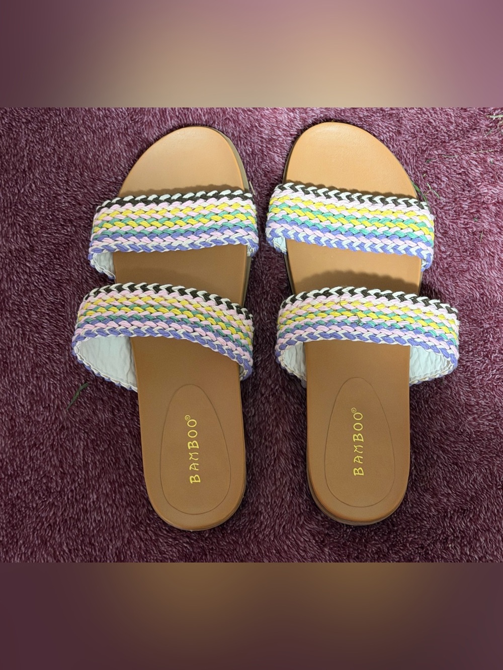 BAMBOO Tan Slide Sandals with Pastel Multicolor Braided Straps